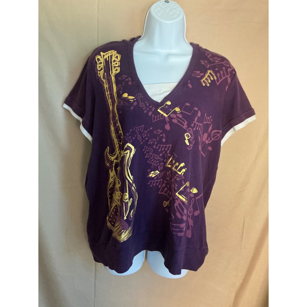 Peachie Kee Hooded Graphic Tee Womens 18/20 Purple Good Guitar Musical Notes